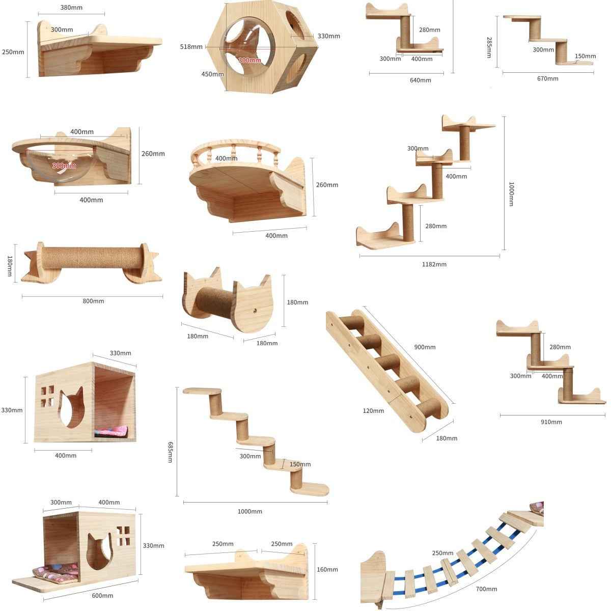 Mur d'escalade en bois massif pour chat et animal de compagnie, plateforme suspendue, échelle, accessoires pour animaux de compagnie