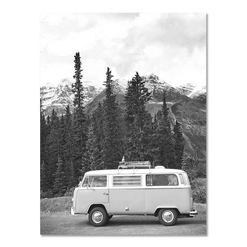 Affiche murale nordique moderne en noir et blanc, paysage de bord de mer, vacances, surf, peinture sans cadre