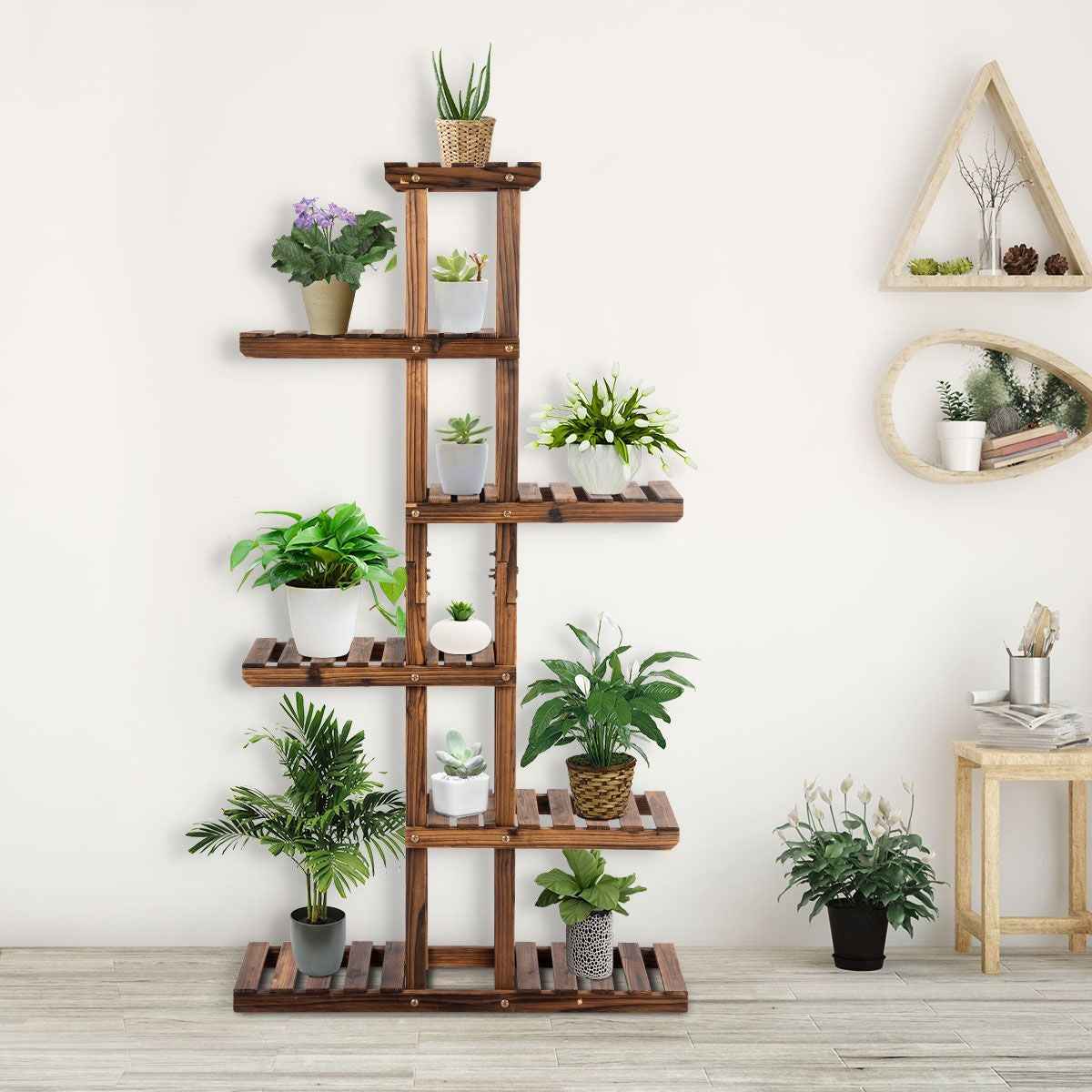 Etagère À Fleurs À 6 Niveaux Support De Plantes Décoration Capacité 10 Kg En Bois De Sapin 75X25X140Cm Naturel