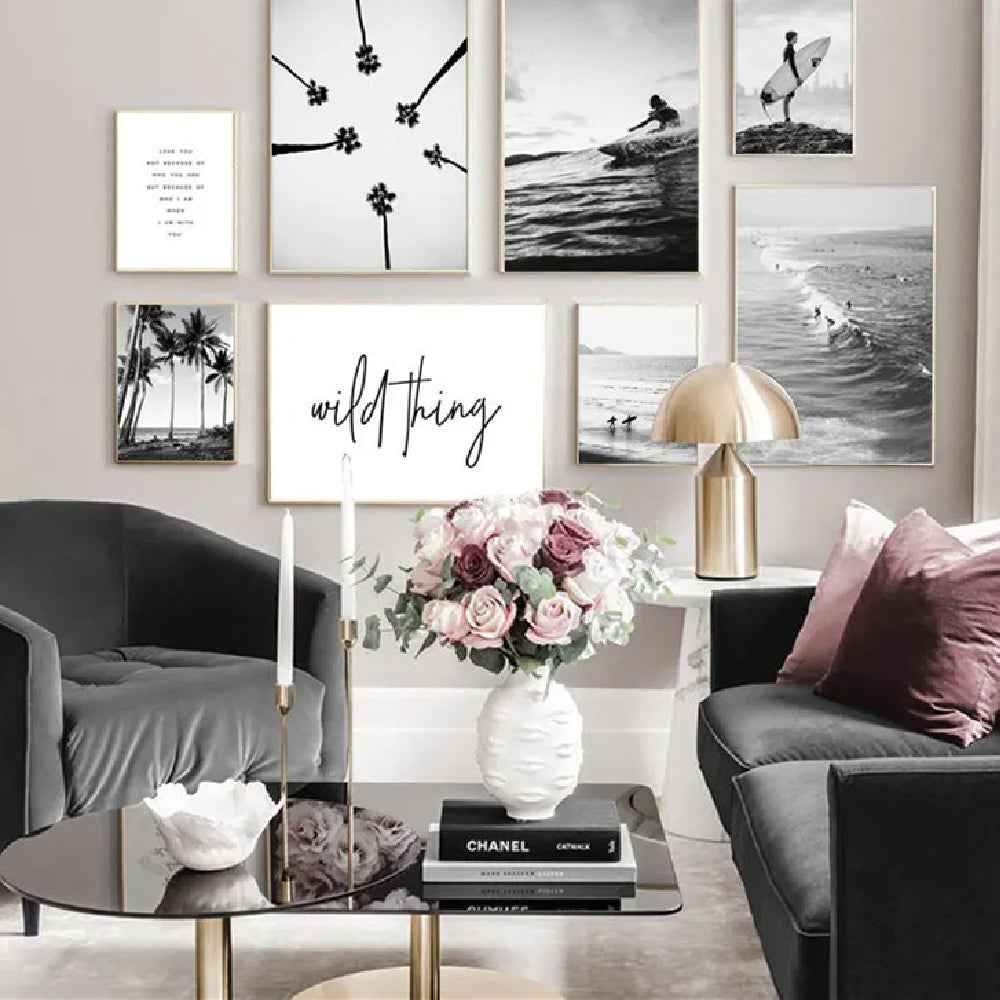 Affiche murale nordique moderne en noir et blanc, paysage de bord de mer, vacances, surf, peinture sans cadre