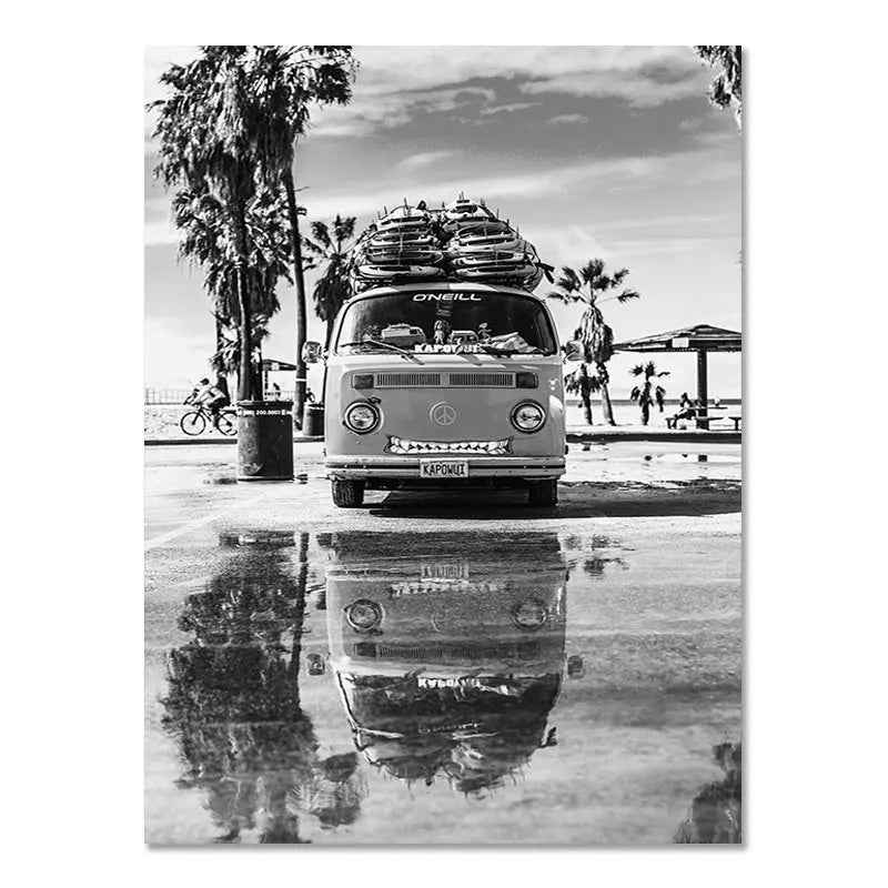 Affiche murale nordique moderne en noir et blanc, paysage de bord de mer, vacances, surf, peinture sans cadre