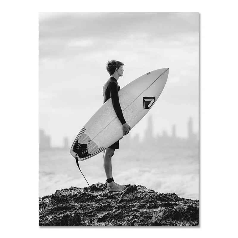 Affiche murale nordique moderne en noir et blanc, paysage de bord de mer, vacances, surf, peinture sans cadre