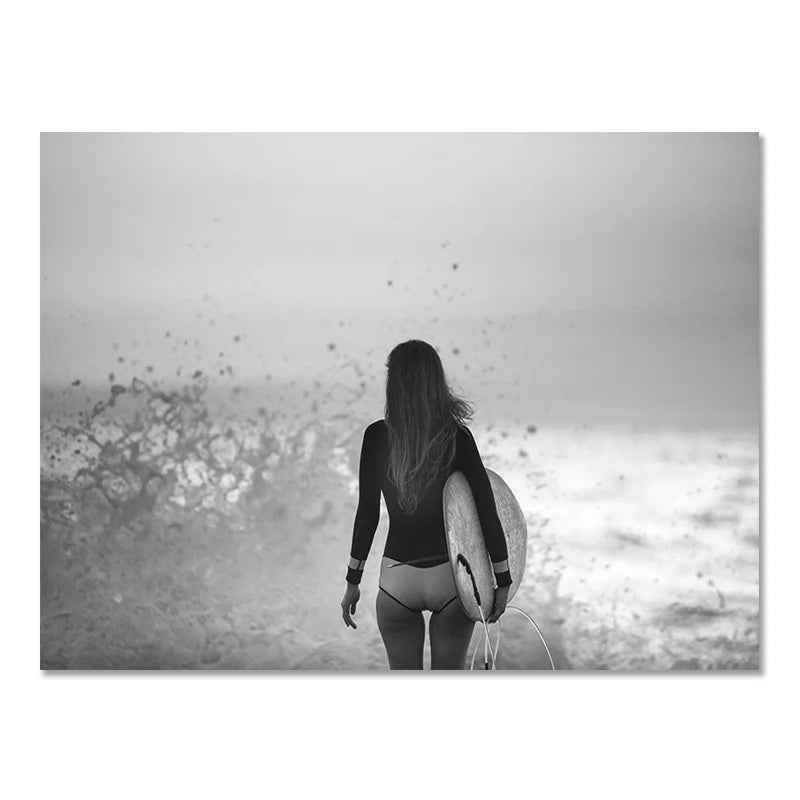 Affiche murale nordique moderne en noir et blanc, paysage de bord de mer, vacances, surf, peinture sans cadre