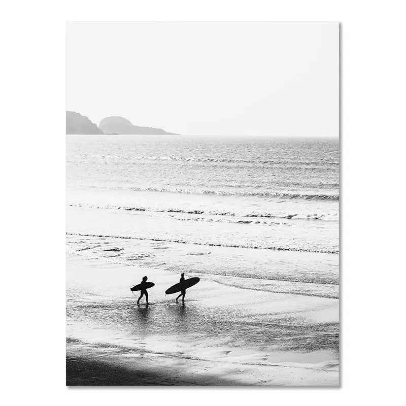Affiche murale nordique moderne en noir et blanc, paysage de bord de mer, vacances, surf, peinture sans cadre