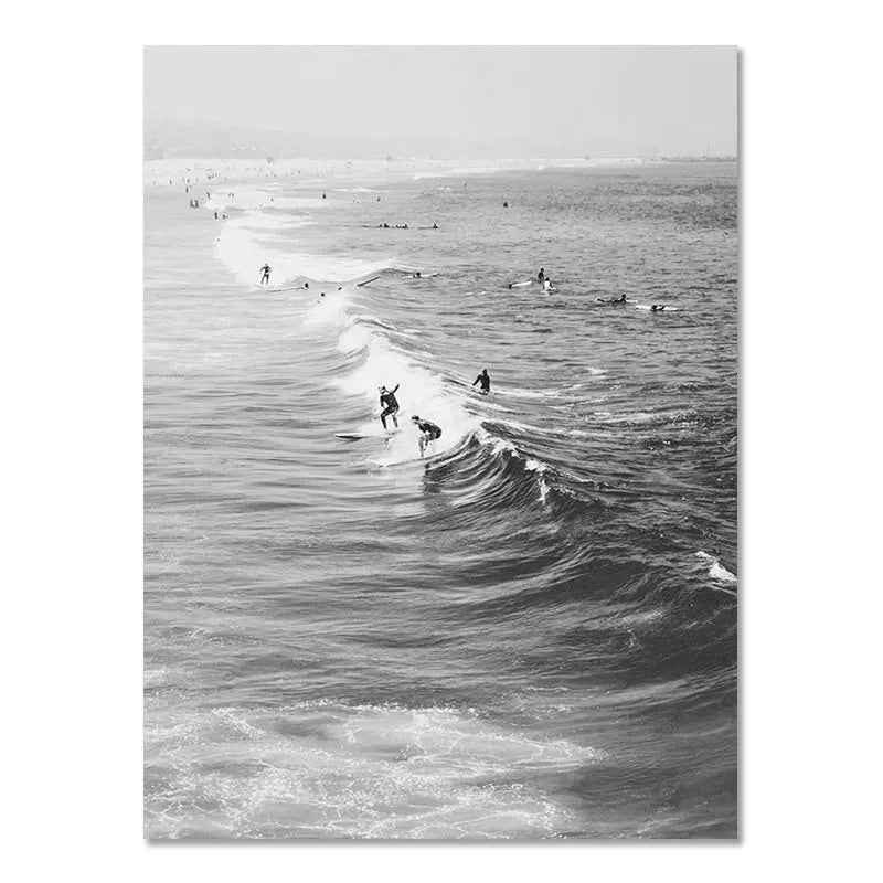 Affiche murale nordique moderne en noir et blanc, paysage de bord de mer, vacances, surf, peinture sans cadre