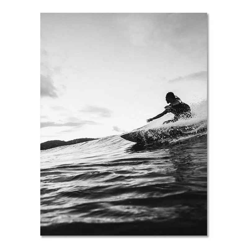 Affiche murale nordique moderne en noir et blanc, paysage de bord de mer, vacances, surf, peinture sans cadre