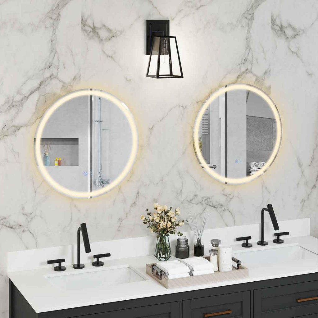 Miroir Rond Mural Dia.60 cm avec Lumières à Intensité Variable à 3 Couleurs Interrupteur Tactile Fonction Antibuée et Mémoire Sans Cadre