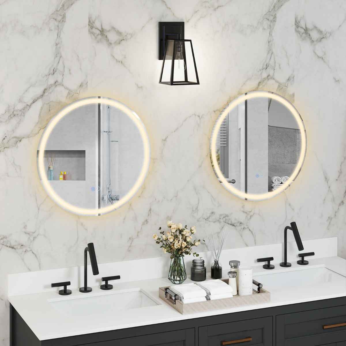 Miroir Rond Mural Dia.60 cm avec Lumières à Intensité Variable à 3 Couleurs Interrupteur Tactile Fonction Antibuée et Mémoire Sans Cadre