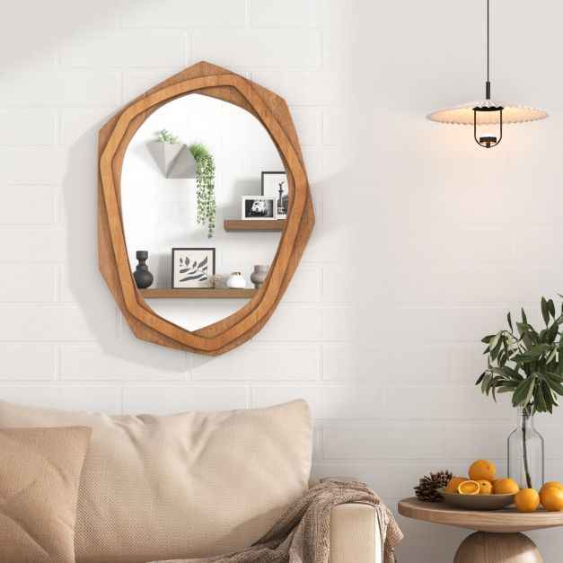 Miroir Décoratif à Cadre Irrégulier Grand Miroir Mural Imperméable de 89,5 x 66 Cm avec Vis d'Expansion Miroir Mural Élégant pour Salon Naturel