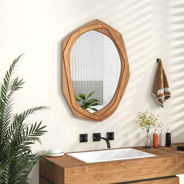 Miroir Décoratif à Cadre Irrégulier Grand Miroir Mural Imperméable de 89,5 x 66 Cm avec Vis d'Expansion Miroir Mural Élégant pour Salon Naturel