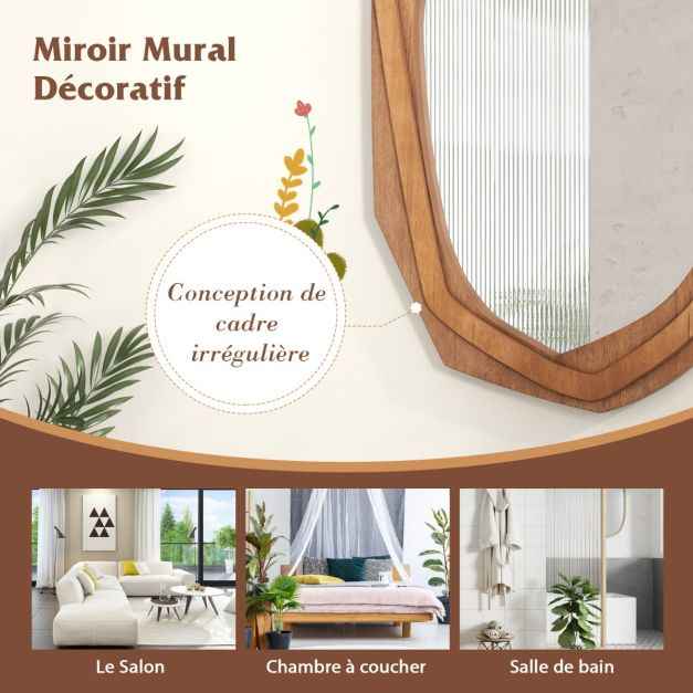 Miroir Décoratif à Cadre Irrégulier Grand Miroir Mural Imperméable de 89,5 x 66 Cm avec Vis d'Expansion Miroir Mural Élégant pour Salon Naturel
