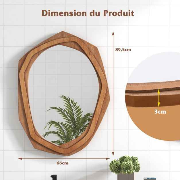 Miroir Décoratif à Cadre Irrégulier Grand Miroir Mural Imperméable de 89,5 x 66 Cm avec Vis d'Expansion Miroir Mural Élégant pour Salon Naturel