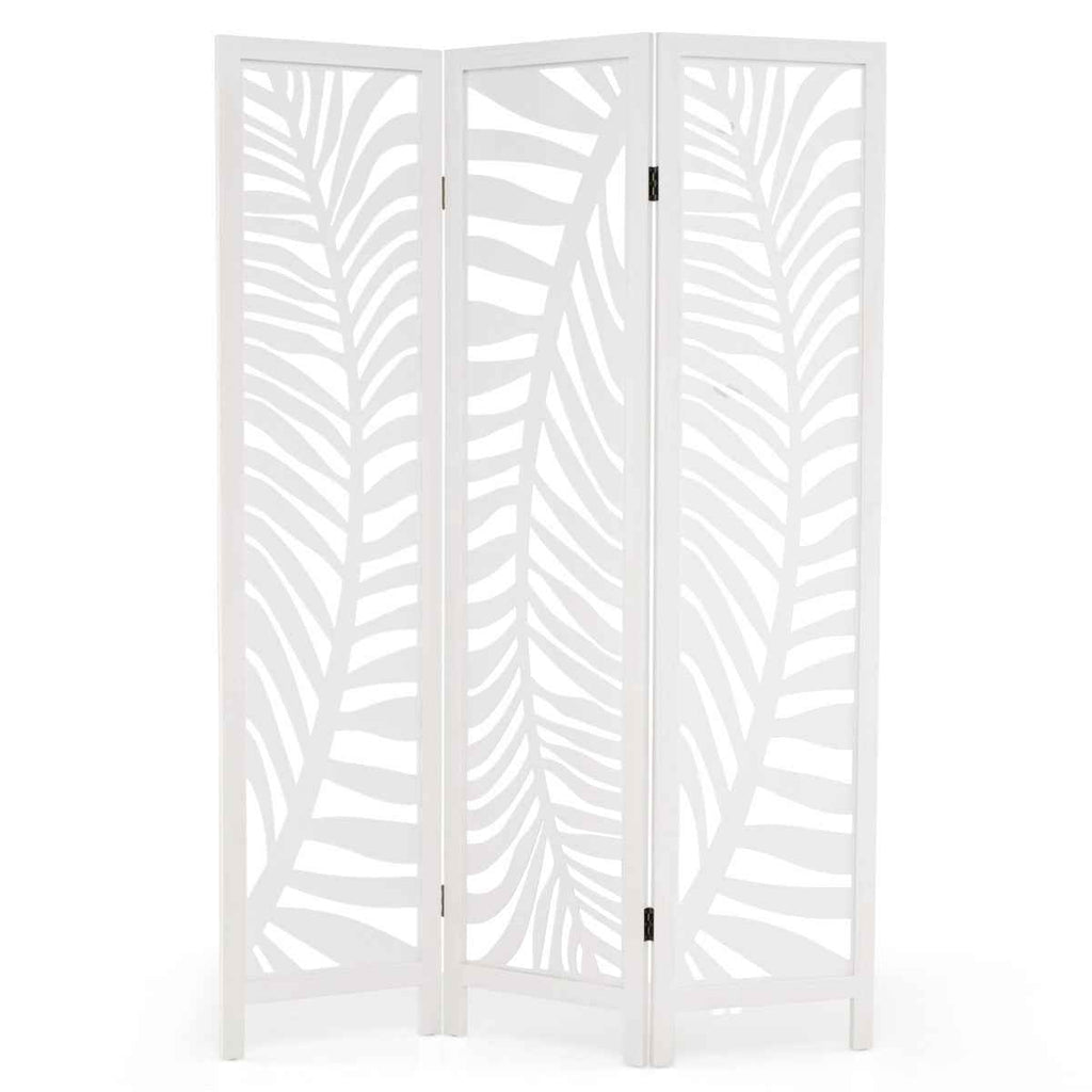 Paravent 3 Panneaux Écran de Confidentialité Autoportant de 170 cm avec Cadre en Bois Naturel de Paulownia Motifs Feuillages Ajourés Blanc