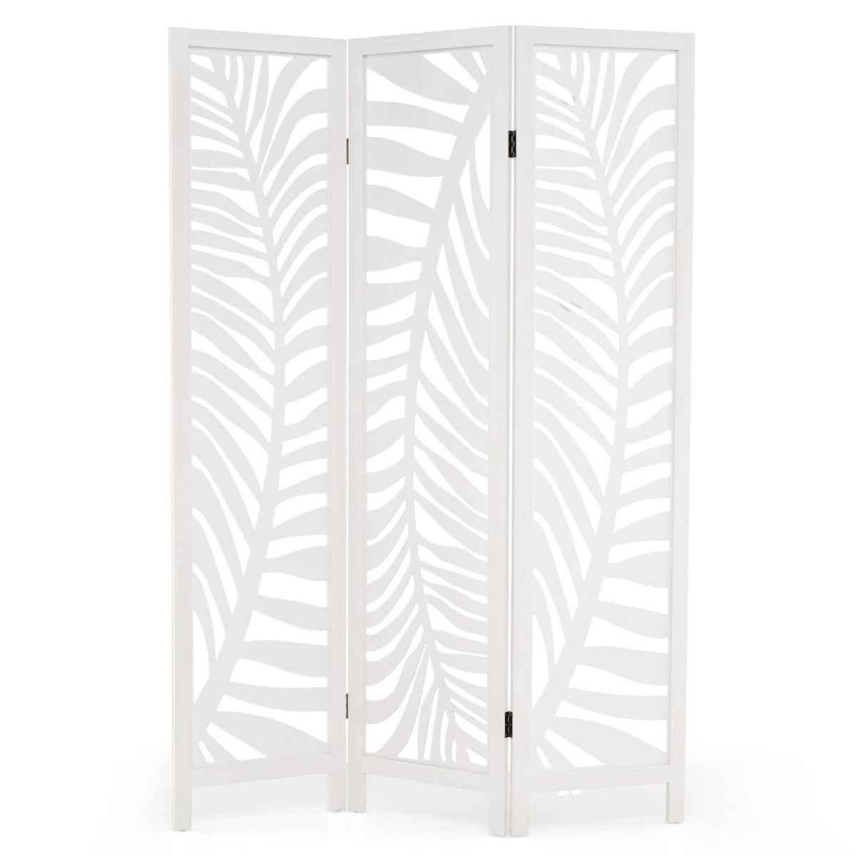 Paravent 3 Panneaux Écran de Confidentialité Autoportant de 170 cm avec Cadre en Bois Naturel de Paulownia Motifs Feuillages Ajourés Blanc