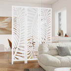 Paravent 3 Panneaux Écran de Confidentialité Autoportant de 170 cm avec Cadre en Bois Naturel de Paulownia Motifs Feuillages Ajourés Blanc