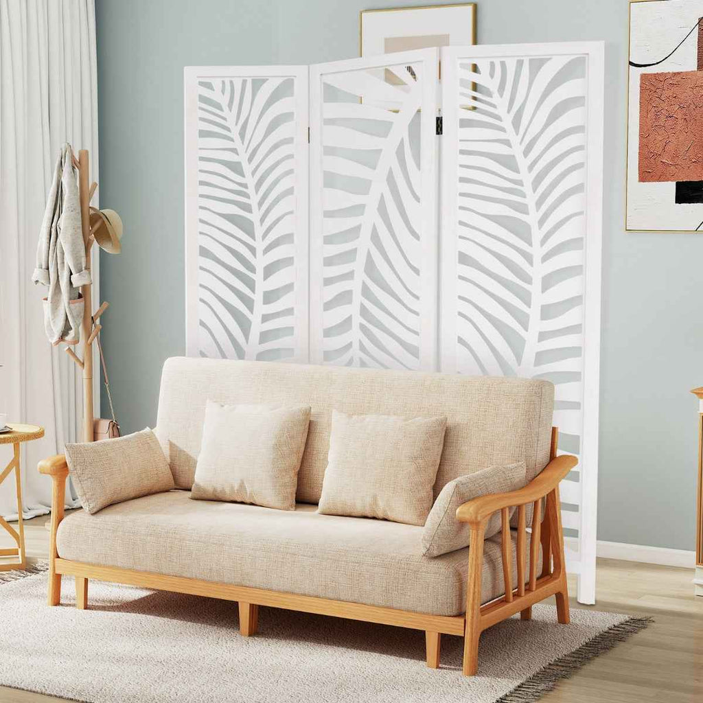 Paravent 3 Panneaux Écran de Confidentialité Autoportant de 170 cm avec Cadre en Bois Naturel de Paulownia Motifs Feuillages Ajourés Blanc